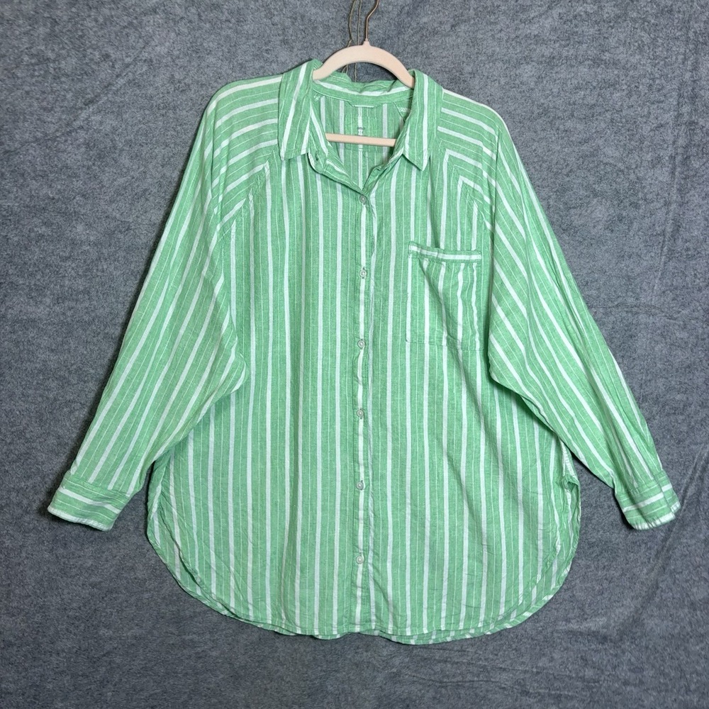 Aerie Linen Blend Cover Up Shirt Womens Sz L Green Striped Semi Sheer Pocket - Picture 2 of 8